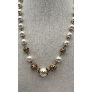 Vintage Faux Pearl And Ornate Gold Tone Necklace